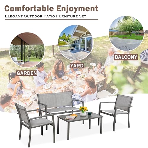 Vongrasig 4 Pieces Patio Furniture Sets,Outdoor Patio Conversation Sets with Glass Coffee Table, Small Porch Balcony Furniture, Patio Table and Chairs Set for Garden, Backyard (Silver) - color: Silver