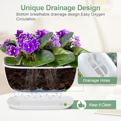 Oliz Set of 4 White Oval Shallow Herb Garden Planters with Drainage Holes and Trays (8.66 Inch) Plant Pots for Herbs Basil Orchids Succulents, Modern Herb Garden Planter for Indoor/Outdoor Plants - size: 8.66 x 6.1 x 3.39-inch