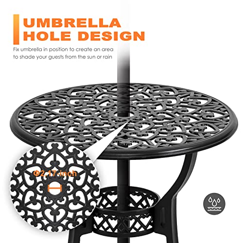 NUU GARDEN Outdoor 3-Piece Bistro Set with Cushions, Round 24 Inch Cast Aluminum Bistro Table with 2.17" Umbrella Hole, 2 Cast Aluminum Bistro Chairs, for Patio, Garden, Backyard and Balcony, Black - color: Bistro With Gray Cushion