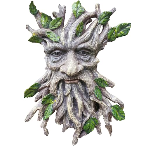 13.2" Real Tree Face Hugger Statue, Resin Elves Sculpture with Foliage Features, Large Outdoor Tree Hugger for Yard Art, Halloween Trees Decorations Outdoor Wall Mounted Statue - color: Green Brown