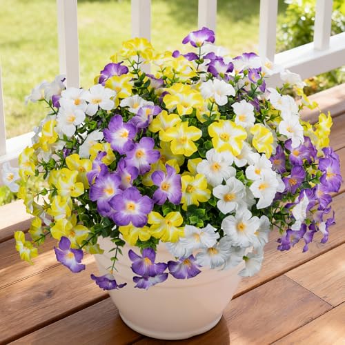 12 Bundles Artificial Flowers for Outdoors UV Resistant Fake Morning Glory - color: White,light Purple,light Yellow