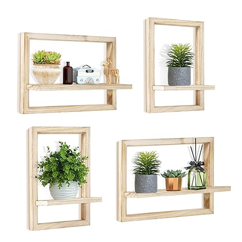 Floating Shelves for Wall Set of 4 Decorative Hanging Shelf | Square Wood Floating Shelf for Plant, Square Shelves Wall Mounted Bathroom, Bedroom, Living Room, Decor, 15 Inch Light Brown - color: Light Brown
