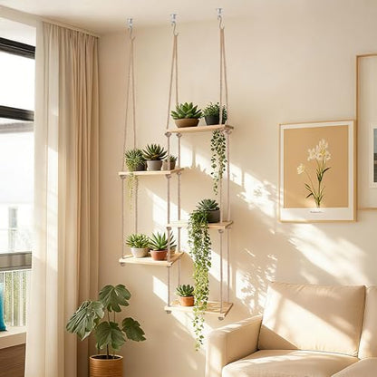 Window Plant Shelves 5 Tier Hanging Plant Shelf for Indoor Plants 3-In-1 Ceiling Wall Curtain Rod Mounting Space-Saving Plant Holder for Living Room Wall Bedroom Home Decor