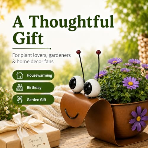 Snail Metal Planter, Cute Animal Iron Plant Pot for Succulents, Cactus & Small Flowers, Whimsical Indoor Outdoor Garden Decor for Desk, Patio, Balcony, Gift for Plant Lovers