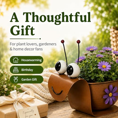 Snail Metal Planter, Cute Animal Iron Plant Pot for Succulents, Cactus & Small Flowers, Whimsical Indoor Outdoor Garden Decor for Desk, Patio, Balcony, Gift for Plant Lovers