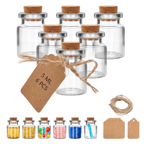 5ML 6Pcs 0.86"X1.18" Small Glass Mini Jars with Cork Lids Message Bottle Terrarium Jar Tiny Wishing Bottles miniature Sand Art Bottles Sample for DIY Crafts (6, 5ML) - size: 0.2 Ounces