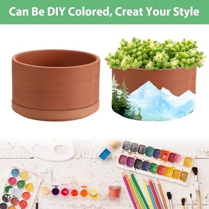 JUXYES 6 Inch Shallow Terracotta Pots with Holes and Saucers for Succulents | Built-in Drainage Hole, Wide Shallow Planter Clay Flower Pots for Indoor & Outdoor, Planter for Succulent, Cacti, Bonsai - size: 6 Inches