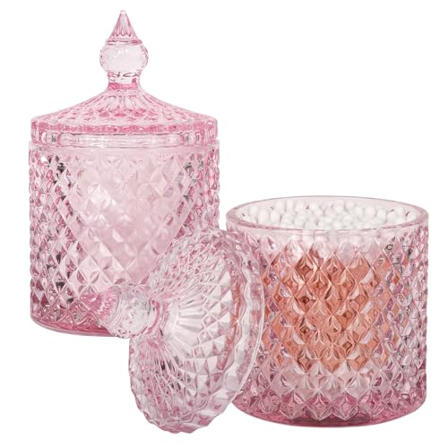 2 Pack Qtip Holder Apothecary Jars with Lid, Thick Glass, Pink - color: Pink, size: 10 oz (2 pack)