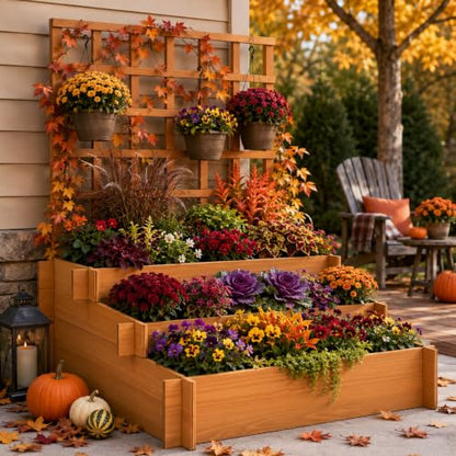 43" 3-Tier Fir Wood Raised Garden Bed Planter with Trellis | Fir wood tiered planter with trellis, liners, and 3 growing beds for flowers, herbs, veggies, vines, patio, or yard - color: 3-tier Raised Garden Bed With Trellis