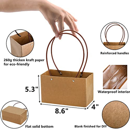 DEAYOU 10-Pack Kraft Paper Flower Gift Bags, Brown Bouquet Bag Box with Handle, Small Brown Paper Carrier Tote Bags with Waterproof Lining for Floral Arrangements, Party Favor, Ultra Thick