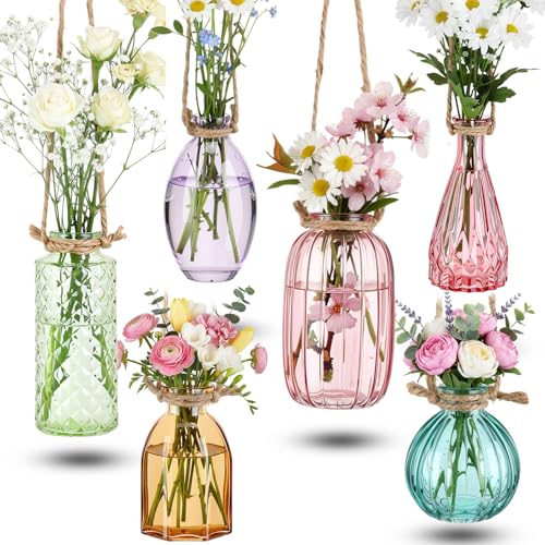6 Pcs Stained Glass Hanging Vases Colorful Hanging Propagation Vases with Rope Hangings Glass Terrariums Planters Pot for Air Plants Flowers Garden Home Wedding Decor(Colorful Series) - color: Colorful Series