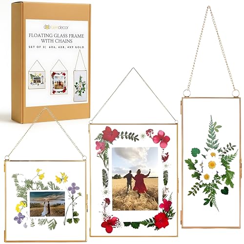 Double Glass Frame for Pressed Flowers, Leaf and Artwork - Set of 3 Hanging Picture Frames, 6x6, 6x8, 4x9 Floating Pressed Flower Frames, Square and Rectangular Wall Decor Photo Display, Clear Metal Glass Frames with Chain (Gold) - color: Gold