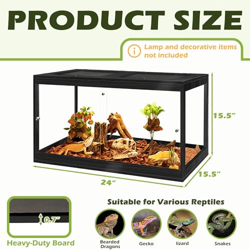 PROLEE 31 Gallon Bearded Dragon Tank, 24 x 16 x 16 Inch Tempered Glass Reptile Enclosure with Metal Mesh Top, Lockable Sliding Front Doors, Large Lizard and Snake Terrarium, Black - color: Black, size: 31 Gallon (24x15.5x15.5 Inch)