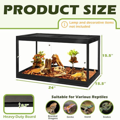 PROLEE 31 Gallon Bearded Dragon Tank, 24 x 16 x 16 Inch Tempered Glass Reptile Enclosure with Metal Mesh Top, Lockable Sliding Front Doors, Large Lizard and Snake Terrarium, Black - color: Black, size: 31 Gallon (24x15.5x15.5 Inch)
