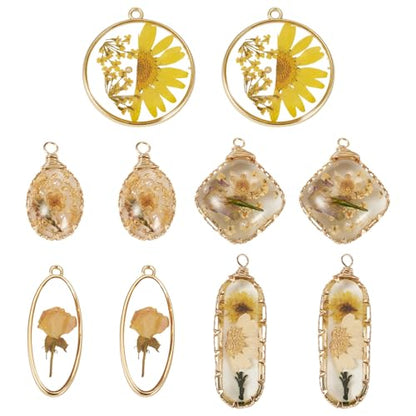 Natural Dried Pressed Flower Charms Geometric Shape Dried Flower Resin Charms Epoxy Resin Floral Pendants for DIY Crafts Necklace Earring Keychain Jewelry Making - color: Yellow