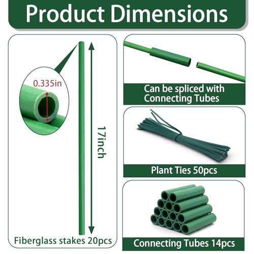 Garden Stakes 17Inch 20Pcs HOUNANG Adjustable Length Plant Support Stakes | DIY 4ft 5ft6ft7ft 8ft Fiberglass Plant Stakes for Gardening with14Connectors 50Ties for Indoor OutdoorPlants,Tomato,Vegetable - size: 17inch 20pcs