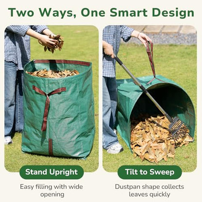 GreatBuddy Leaf Rake and Leaf Bags Combo, Adjustable Metal Garden Rake 29''-72'' 11 Tines, 2 Pack 53 Gallon Reusable Yard Waste Bags, Heavy Duty Lawn Rake with Dustpan Leaf Collector for Yard Cleanup - size: 11 tines & 53 gal 2 packs