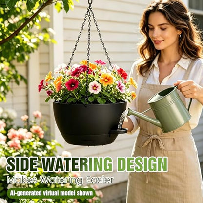 12 Inch Large Self Watering Hanging Planters 2 Pack with Saucers - color: Black, size: 12 Inch 2 Pack
