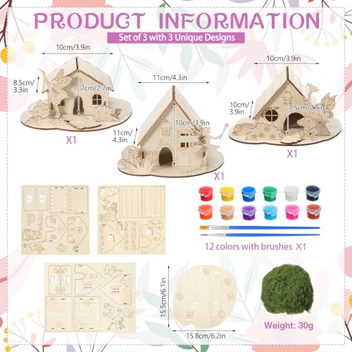 DoubleFill 3 Sets Wooden Fairy House DIY Kit Craft - DIY Fairy Garden with Paints & Decorations - Arts Crafts & Birthday Gift for Craft Activity Party Decor (Lovely Short) - style: Lovely Short