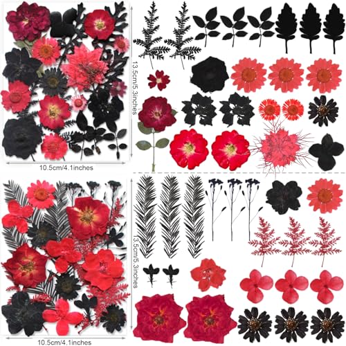 141PCS Black Red Dried Pressed Flowers for Resin - Youthbro Real Nature Flowers Butterfly Stikers Set for Christmas DIY Candle Soap Vase Making Nail Card Scrapbook Art Craft Floral Decors