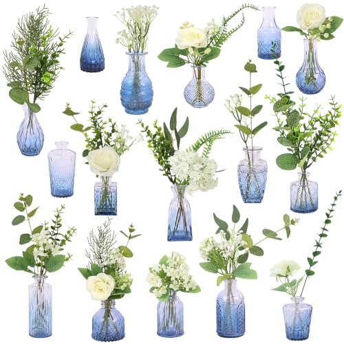 WARMALL Artificial Flowers with Vases, 16 Pcs Blue Bud Vases, & 81 Pcs Artificial Plants DIY Set Suitable for Centerpieces Table Weddings Party Office and Indoor Decor Mini Small Glass Clear - color: Blue