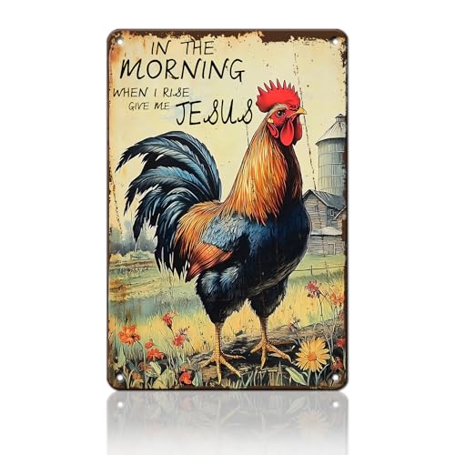 PEACHGARDEN Rooster Decor Chicken Coop Metal Sign Rooster Crowing - In The Morning When I Rise Give Me - Farmhouse Wall Art Decor for Garden Kitchen Yard Farm 8X12inch - color: Rooster Crowing, size: 20X30cm(12*8in)