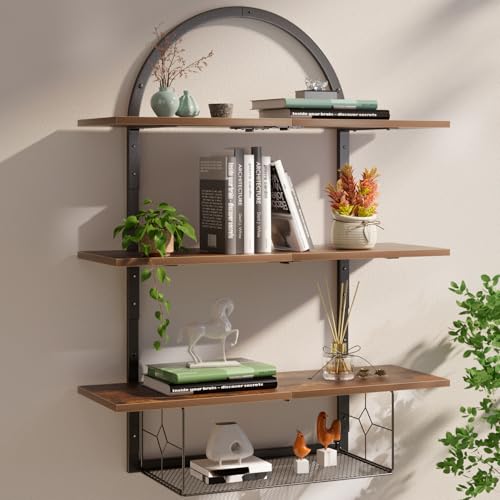 XLHOMO Floating Shelf for Wall- 31.5"x 24" 3+1 Tier Floating Shelves with Basket for Bathroom, Living Room,Bedroom and Kitchen Rustic Brown - color: Rustic Brown