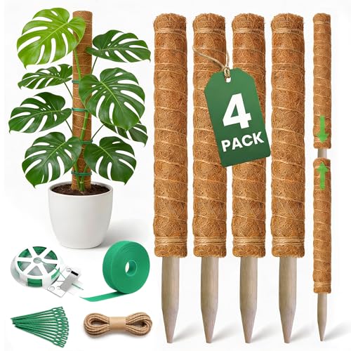 4 Pack 16" Moss Pole Monstera Plant Support - Stackable up to 48" | Plant Stakes for Indoor Climbing Plants Potted - Tall Coco Coir Pole Sticks & Accessories for Monstera, Pothos & Philodendron - size: 48 Inch (Pack of 4)