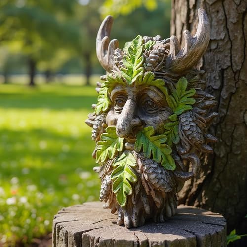 8.3" Real Tree Face Hugger Statue, Garden Outdoor Resin Sculpture with Foliage Features, Fairy Elve Accent Yard Art, Halloween Trees Decorations Outdoor Wall Mounted Statue - color: Green
