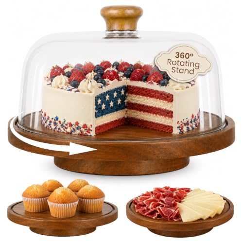 Rotating Acacia Wood Cake Stand with Lid Anti-Mold 12 Inch - 2-in-1 Wooden Charcuterie Board - Covered Dessert Plate with Acrylic Dome - Vintage Pastry Display - Tall Domed Serving Stand Platter - Brown - size: Brown – Rotating Base