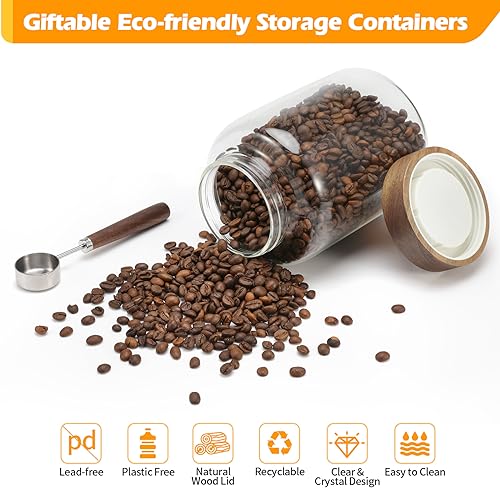 Large Glass Coffee Jars with Spoons 60 oz /1800ml, Round Storage Canister with Wooden Lid Clear Glass Food Jar for Pantry Sugar Tea Coffee Bean Spice Nuts Cookies Bath Salts (1800ml/60oz) - color: 1800ml/60oz