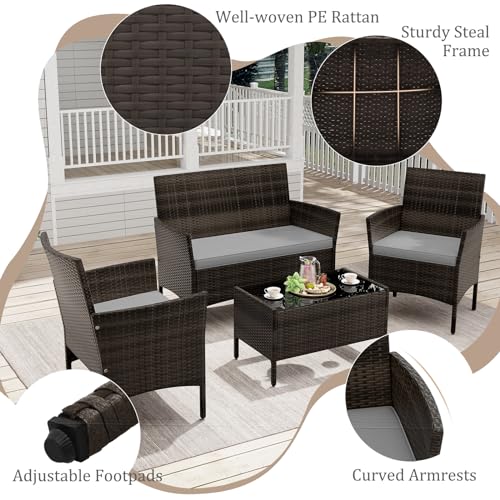 KOTEK 4 Piece Patio Furniture Set, Outdoor Rattan Conversation Set with Loveseat, Wicker Chairs, Tempered Glass Coffee Table, Wicker Patio Set for Backyard, Porch (Grey) - color: Grey