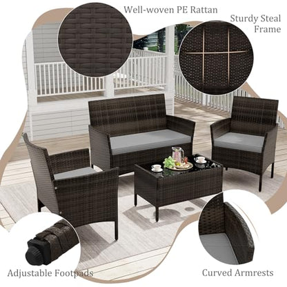 KOTEK 4 Piece Patio Furniture Set, Outdoor Rattan Conversation Set with Loveseat, Wicker Chairs, Tempered Glass Coffee Table, Wicker Patio Set for Backyard, Porch (Grey) - color: Grey