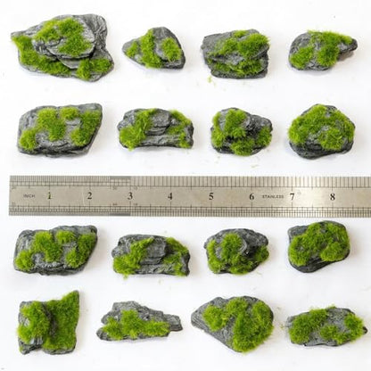 Miniature Moss Stones for Terrarium - Tree Bark Diorama Rocks for Miniature Terrain Display - Lightweight Reptile Habitat Decor - NOT for Aquarium Underwater Use - 12 Pcs Flocking-Covered (1-2 inch) - style: 12P Flocking Slate Rocks (Wooden)