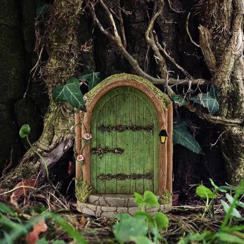 Green Wooden Fairy Door - Miniature Fairy Garden Accessory - Garden Sculpture Lawn Ornament - Art Outdoor Decor Gnome Door Figurine