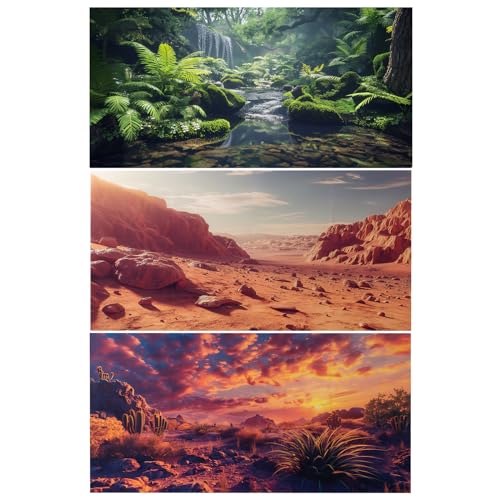 COMSUN 3 Pack Terrarium Background, 30x18 inch Polyester Reptile Background | Cloth Terrarium Background, Gobi Sunshine Cactus Stone & Green Tree Fern Stream Backgrounds, Backgrounds for Reptile Tank - size: 30x18 Inch