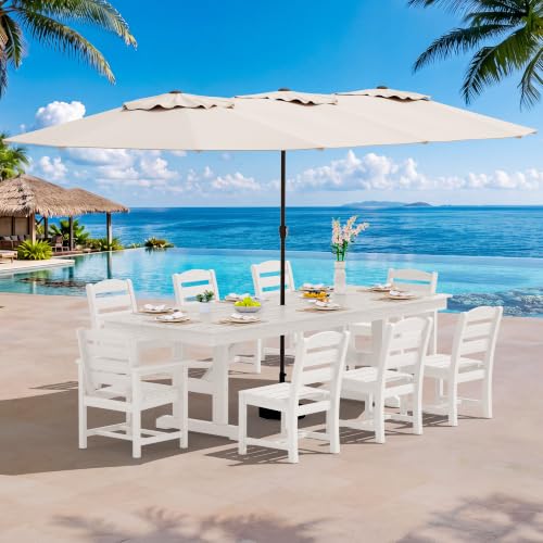 SERWALL 10Pcs 84" HDPE Outdoor Dining Set w/Armless Chair & Umbrella,White - color: White, size: 10 Piece (Table+6 Armless+2 Armchairs+Umbrella)