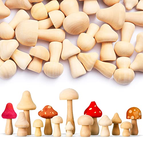 Vicenpal 40 Pcs Unfinished Wooden Mushrooms, 14 Size Natural Wood DIY Craft
