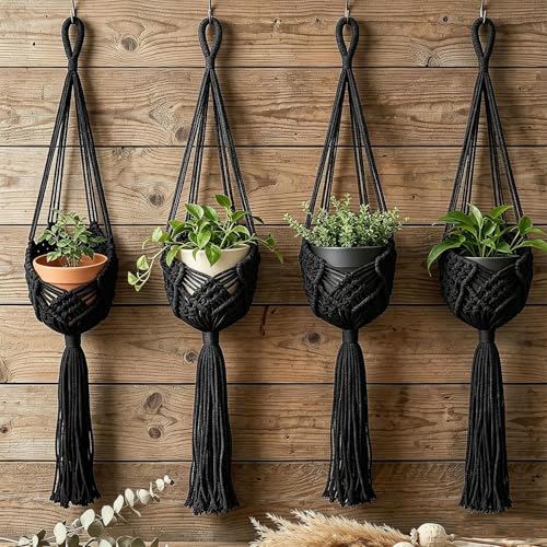 Hanging Planter with Patterns, Macrame Plant Hangers Indoor Macrame for up to 8 inch Pot Crochet Boho Plant Hanger Holder for Indoor Outdoor (Black, 90cm) - color: Black