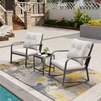 Bistro 3 Piece Patio Furniture Set, Patio Table and Rattan Outdoor Rocking Chairs Set of 2, Outdoor Bistro Conversation Set for, Garden, Balcony, Poolside, Backyard, Beige - color: Beige