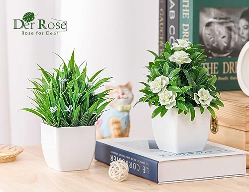 Der Rose 4 Pack Small Fake Plants with Flowers, Bathroom Desk Decor Indoor | UV-resistant fake flowers, varied bloom styles in white pots, for desk shelf bathroom office and spring classroom decor