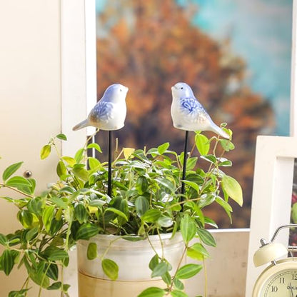Sosation 2 Pcs Ceramic Bird Stakes, Mini Blue White for Flower Pot Bonsai