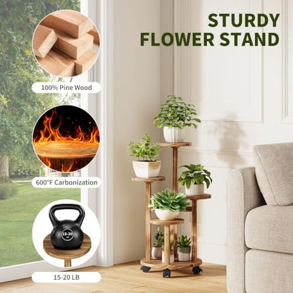 Uneedem 4 Tier Plant Stand Indoor with Wheels, Wood Tall Corner Plant Shelf | Rolling Plant Rack for Indoor Plants, Multi-tier Planter Pot Holder Flower Stand for Outdoor Living Room Balcony Garden Patio