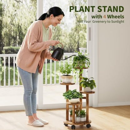 Uneedem 4 Tier Plant Stand Indoor with Wheels, Wood Tall Corner Plant Shelf | Rolling Plant Rack for Indoor Plants, Multi-tier Planter Pot Holder Flower Stand for Outdoor Living Room Balcony Garden Patio