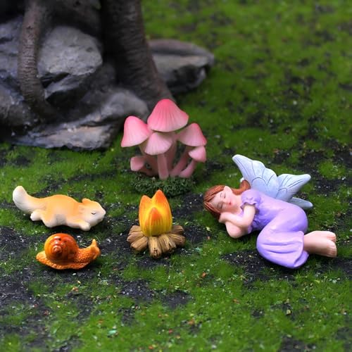 Miniature Fairy Garden Decorations Set, 5-Piece with Sleeping Fairy, Pink Mushrooms, Glowing Bonfire, Squirrel, and Snail, for Girls Fairy Garden Accessories - style: Sleeping Fairy Set 5pcs