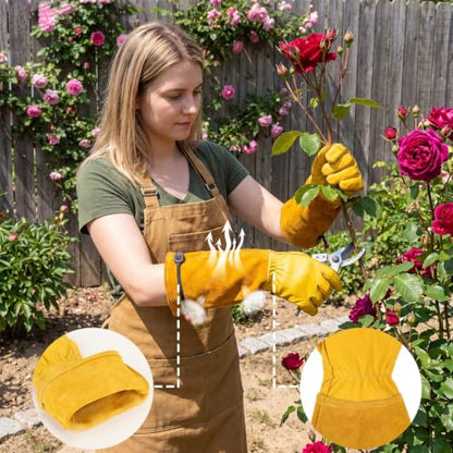 Thorn Proof Gardening Gloves for Women and Men, Breathable Long Sleeve Leather Gloves for Rose and Cactus Pruning, Heavy Duty Adjustable Cuff Garden Work Gloves, Ideal Gardening Gifts