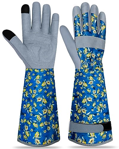 Long Gardening Gloves for Women Thorn Proof Leather Garden Gloves Breathable Working Gloves for Women Yard Outdoor - color: Blue-large