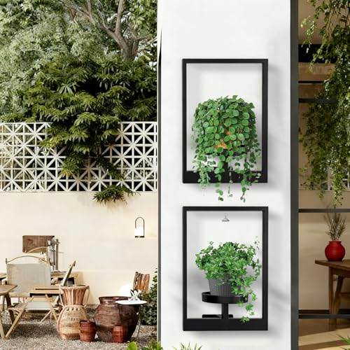 Garvee Wall Plant Holder, 3-Pack Metal Hanging Shelves, Indoor Planter Set | Square Wall Mounted Plant Shelves with 6 in Tray, Modern Window Plant Stand Hold 20 lbs, for Bedroom Living Room Home Decor