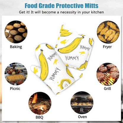 Mxocom Banana with Slices Oven Mitts and Pot Holders Sets Yummy Yellow Banana Silicone Heat Resistant Kitchen Oven Gloves Pot Holder for Cooking - color: Banana With Slices