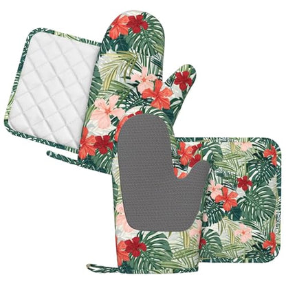 Tropical Floral Oven Mitts and Pot Holders for Heat Resistant Hawaiian Plant Silicone Oven Mittens and Jungle Palm Leaf Hibiscus Potholders Gloves Hot Pads for Kitchen Cooking Baking Grilling - color: Red Green